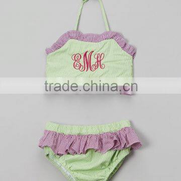 Children swimwear young girl beach outfit seersucker plaid ruffle bikini 2pc set kids baithing suit