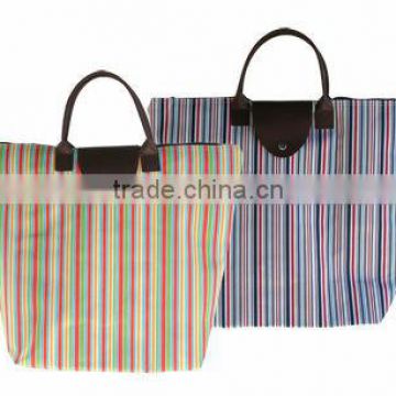 Stripe canvas shopper zipper tote bag travel beach gym