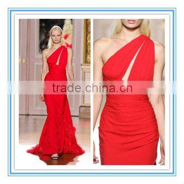 New Arriva Red One Shoulder Chiffon Feather Evening Dress (EVZU-1028)