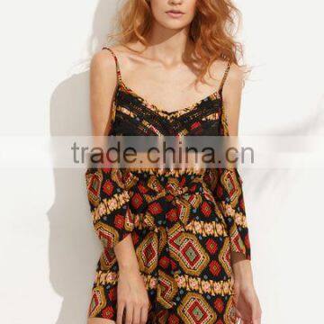 Bodysuits Latest Fashion Design Women Clothing Multicolor Print Cold Shoulder Tie Waist Jumpsuit photo-4