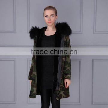 Fashion women winter long fur hood jacket nail bead real raccoon fur collar and faux fur lining parka                        
                                                                                Supplier's Choice