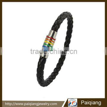 Unique design gay pride jewelry black leather rainbow gay bracelet
