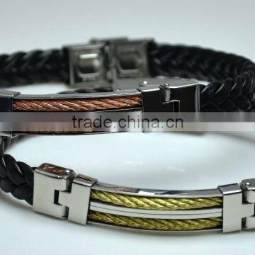 2016 Stainless Steel Jewelry Bijoux Magnetic Bracelet Men Leather Woven Center Hollow Across Two Steel Wire Bangles