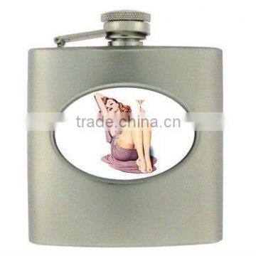 6oz brush finish stainless steel flask with paster