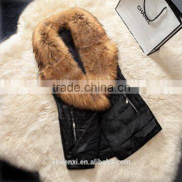 2016 Europe Hot Sale Latest Design Winter Sheep Leather With Faux Fox Fur Collar Vest Fashion Warm Woman Vest