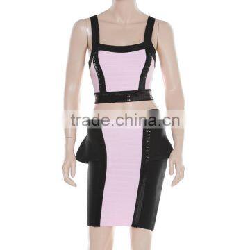 New Fashion 2015 Sequined Two Piece Pink And Black Flouncing High Quality Bodycon HL Bandage Dress photo-2