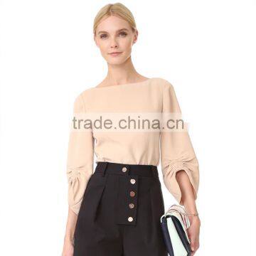 2017 OEM Smocked Elastic Gathered Cuff Wide Neckline Stylish Blouse photo-2