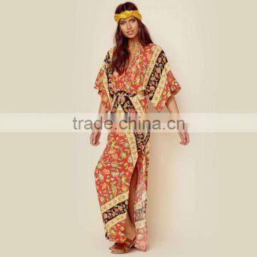 Bat Sleeve Printed Ethnic Clothing Women Kaftan Open Back Design Maxi Dress photo-2