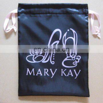 promotion printing satin shoe bag /cheap satin bag with logo and ribbon drawstring in black color