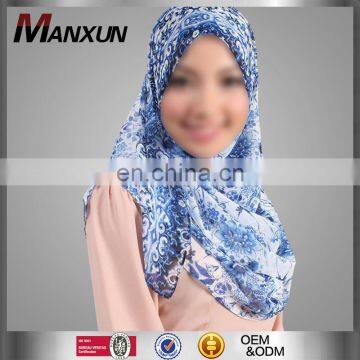 China Muslim Wholesaler Women Blue Chiffon Headscarf Islamic Ladies Print Flower Hijab