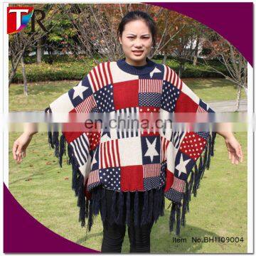 US flag design pull over sweater knitted winter ponchos for women