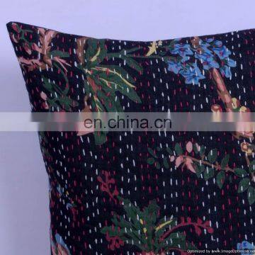 Black Bird Floral Kantha Indian Cotton Handmade Cushion Cover Kantha Throw Pillow Cover Hande Quilted Decorative Cushion Cover photo-2