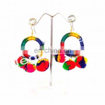 Pom Pom Drop Dangle Moon Earrings - Bali Style Pom Pom Earrings -Multicolor Boho Banjara Bohemian pom pom earrings