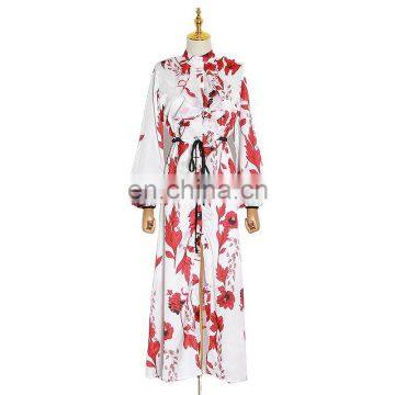 TWOTWINSTYLE Elegant High Split Print Dresses Women Stand Collar Lantern Sleeve Ruffle Hit Color