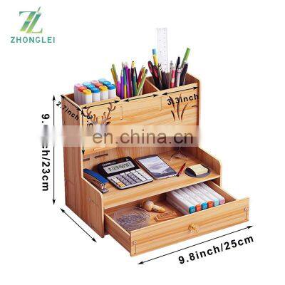 Wooden Pen Organizer Multi-Functional DIY Pen Holder Box Art Supply Organizer Desktop Stationary Storage With Drawer for Office photo-2
