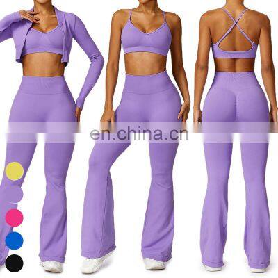 Sportswear Set Seamless Sport Bra Jacket Leggings 3 Piece Suit Custom Activewear Clothing Gym Fitness Yoga Sets For Women