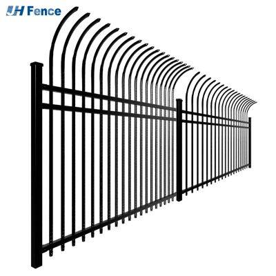 Valla de hierro forjado curva personalizada, valla de acero con decoración recubierta y parte superior doblada