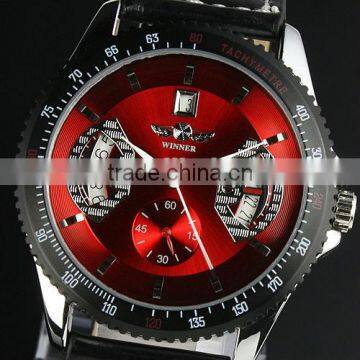 New Mens Red Dial Leather Strap Classic Design Self-Wind Up Mechanical Automatic Watch WM122