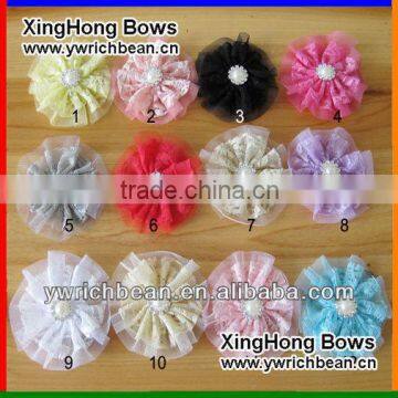 Hot-sales handmade baby lace flower with pearl ! kids fashion mixed colors lace hair flower with clip !CB-2766