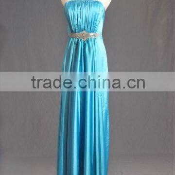 Blue Strapless Satin Rhinestone Sheath Evening Dress with Draped Bodice EY0039