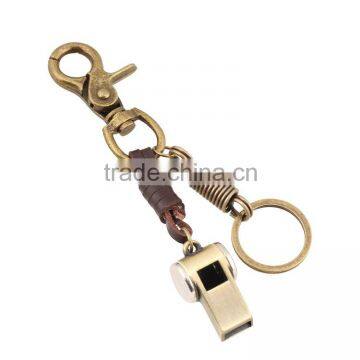 new fashion metal genuine leather custom logo whistle keyring keychain