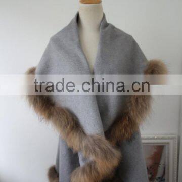 Grey Pashmina Shawl With Fur Trimmed Splendid Natural Raccoon Fur Trim With Cashmere Like Cape Poncho