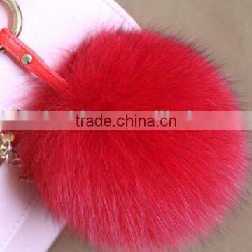 New Arrival Fluffy Big Round 14cm Red Fox Fur Pom Poms with Keychain