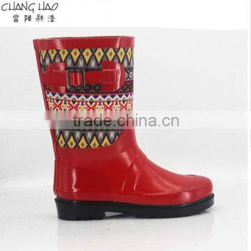 Women rubber rain boot ,red ground has colorful printed boot manufacturer