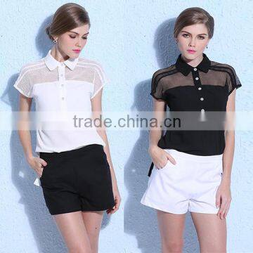 Women Blouses 2016 Summer Shirts Fashion Sexy White Black Blusas Casual Short Sleeve Lace Top Chiffon Blouse