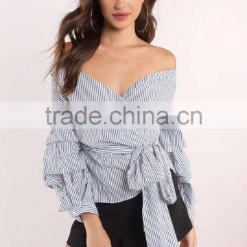 Wrap Neck Women Off Shoulder Stripe Blouse Women