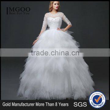 MGOO New Designs 2017 Sheer Neck 3/4 Long Sleeves Women Wedding Dress Ball Gown Embroidery Floor Length Dress