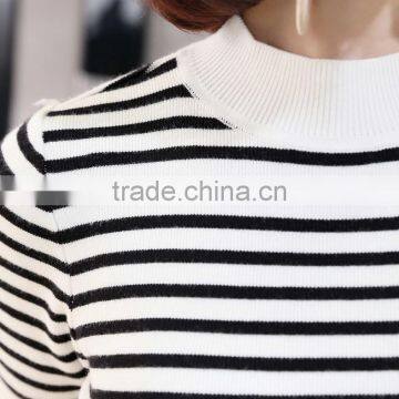 Black and White Striped Short Sleeven Turtleneck Sweater for Women photo-3