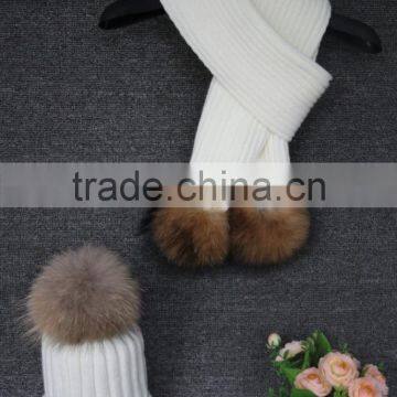 New Product Acrylic Strip Knit Scarf With Raccoon Fur Pom Pom / Fashion Scarf And Hat Set