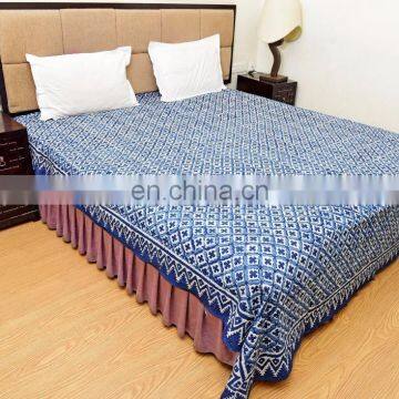 Indian Floral Hand Block Printed Cotton Bedding Indigo Blue Bed Cover Throw 105"X90" Inch Bedspread