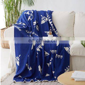 High Quality Green Black Blue Geometric Jacquard Knitted 100 Cotton Blanket photo-4