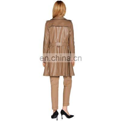 Women Lambskin Leather Double Breasted Long Jacket Coat With Belt photo-3