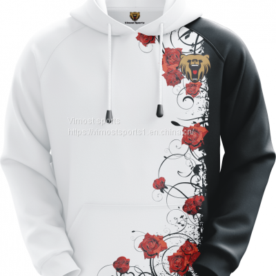 Customized Sublimation Hoodie of White and Black Colors With Red Rose Pattern photo-1