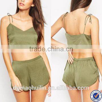 clothing manufacturers ladies nightwear satin khaki tie shoulder crop top & shorts set pajamas