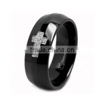 Stainless Steel Black-plated Men's Cubic Zirconia Cross Ring, Fashion CZ Stone Cross Ring