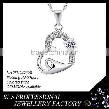 Handmake silver jewelry pendant half of heart in high polished and others half setting CZ girlfriend heart pendant necklace