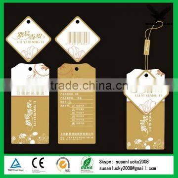 China jeans printed hang tags plastic string, garment hang tags