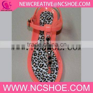 rubber beach flat ladies t-shape sandals with rhinestones