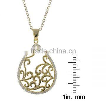 Sterling Silver Gold Finish Cubic Zirconia Filigree Teardrop Necklace photo-3