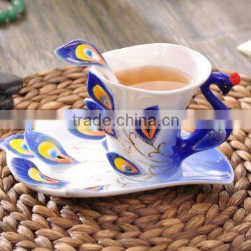 Porcelain Enamel Peacock Embossed Tea Coffee Mug Cup Set with 1pc Coffee Cup, 1pc Saucer, 1pc Spoon