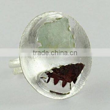 Rough Stone !! Aquamarine & Ruby !! Silver Gold Plated Ring, Rough Stone Silver Jewellery, Silver Jewellery