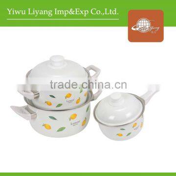 Wonderful Decal Enamel Cookware Set 3 pcs Double Handle Belly Pot Single Handle Enamel Milk Pot With Cover