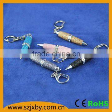 Glitter PU leather barrel twist mini ball pen with crystal and key chain