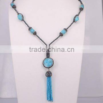 Natural Turquoise Gem stone Necklace, Tassel Jewelry Pendant Hematite Beaded Druzy Necklace