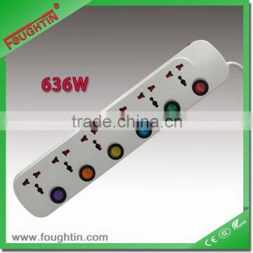 6Way multi socket extension cord with individual colorful switch and light extension socket