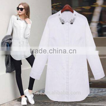 The ladies spring autumn womens long sleeve order bead set auger shirt cotton simple plain long white blouse for girls